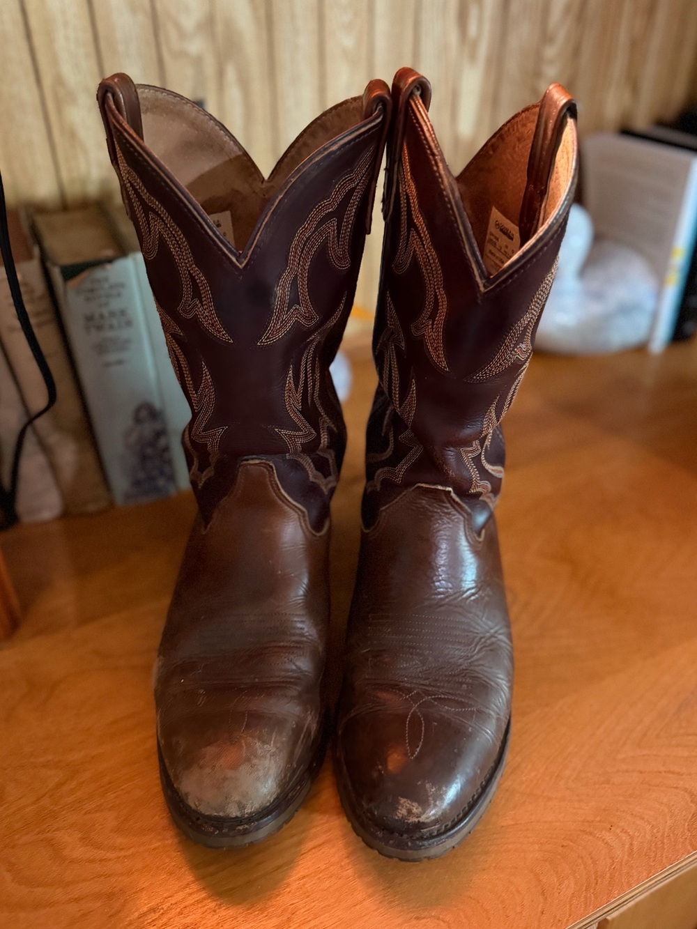 Double H Brown Leather Western Cowboy Boots with Contrast Stitching
